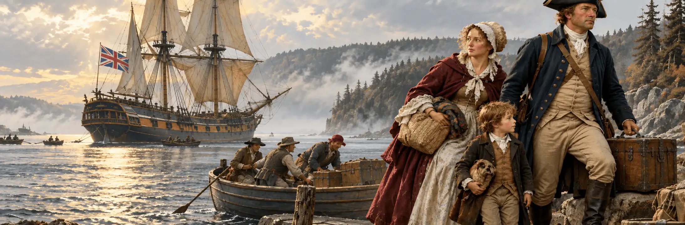 A Loyalist family lands from a boat, with a tall ship at anchor behind them (illustration)